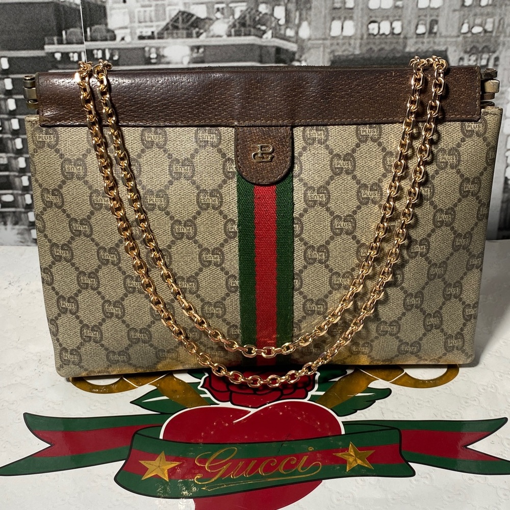 Gucci Beige and Brown Monogram Bag with Gold Chain